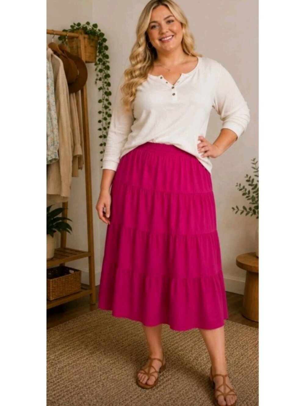 Tiered Pull On Midi Skirt Comfy Work Casual Church Size 4X Fuchsia